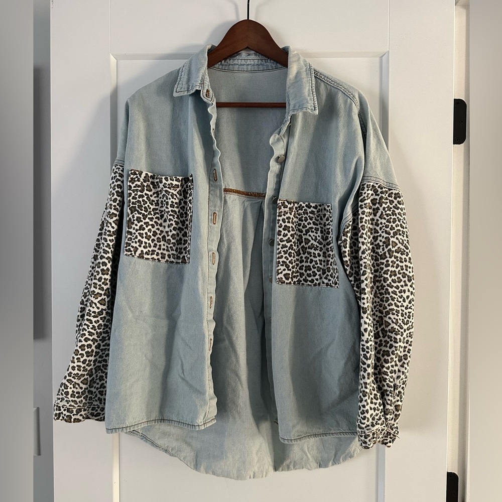 Jean and leopard button up jacket or shirt